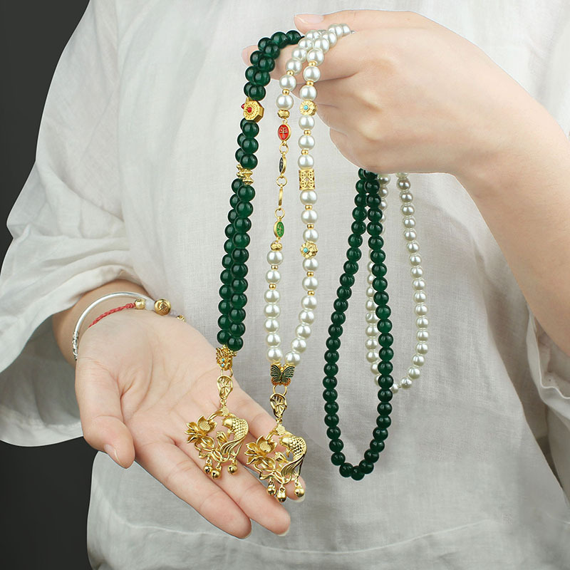 锦鲤戏莲串珠项链长款毛衣链女