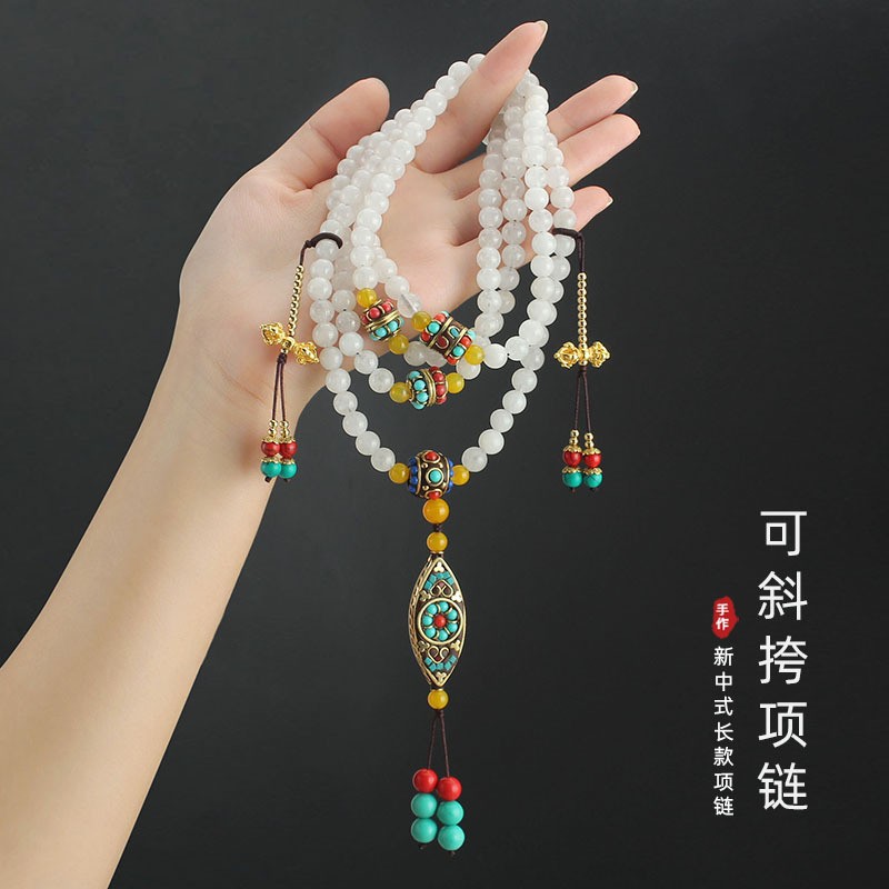 汉白玉斜挎链女流苏长款项链挂件