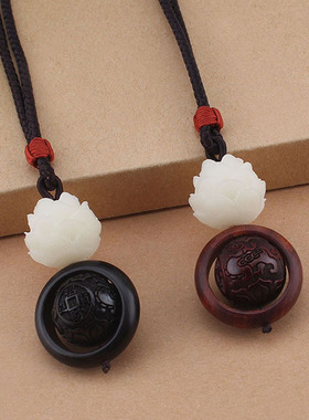 雕刻黑檀木莲花菩提棉麻绳项链女