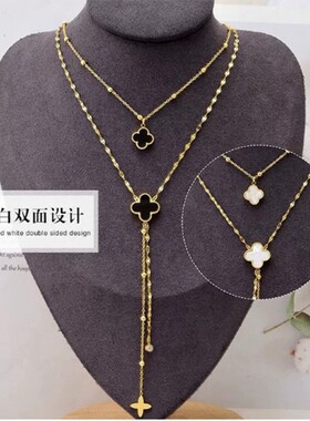 钛钢女双面四叶草双层项链毛衣链