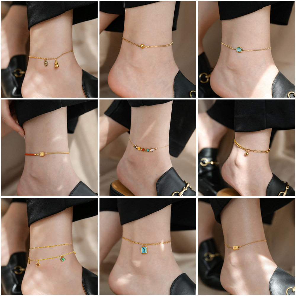 不掉色新款时尚简约钛钢脚链女红绳福字夏季轻奢爱心流苏脚饰金色