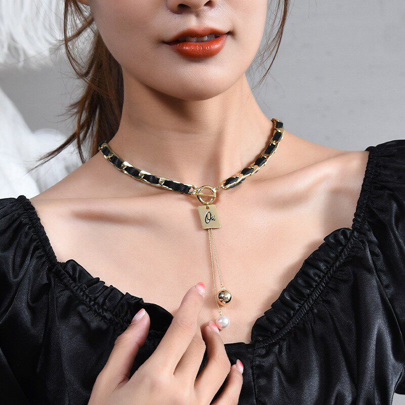 钛钢马鞭链女款Y字珍珠项链颈链