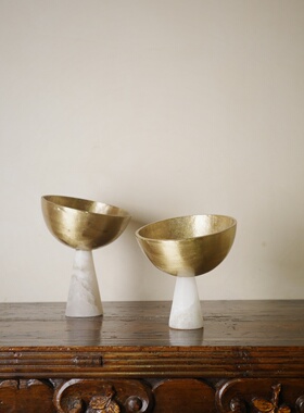 十境新中式云石柱铜碗三足摆件