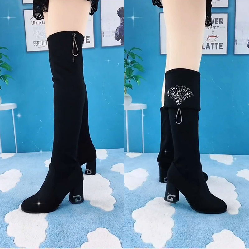水钻牛奶丝一靴三穿弹力靴过膝靴秋冬粗跟长筒靴装钱高跟瘦腿长靴
