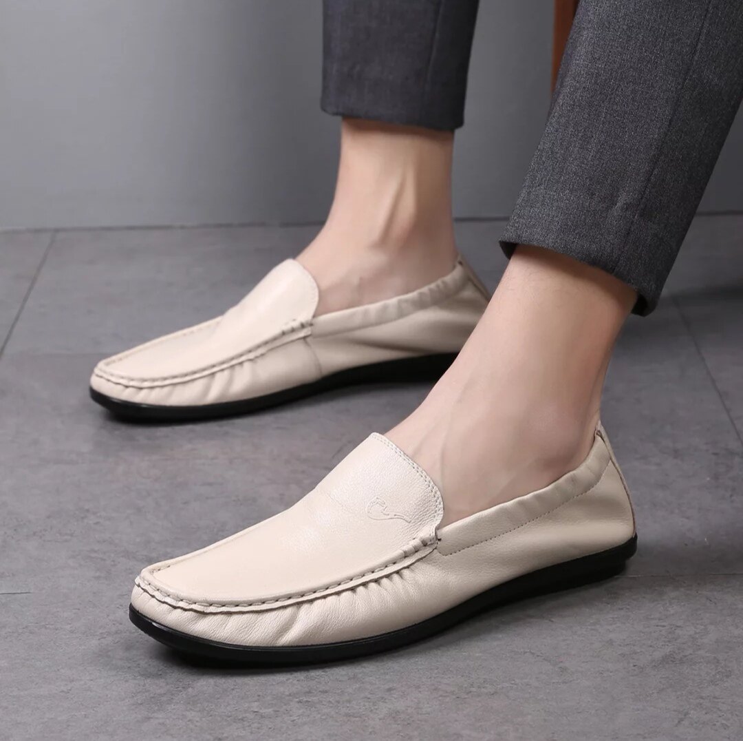 名人烟斗春男鞋真皮一脚蹬男士休闲皮鞋白色软底软面舒适豆豆鞋男