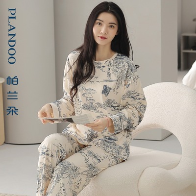 帕兰朵2025年新款睡衣女士春秋季纯棉长袖全棉圆领套头家居服套装