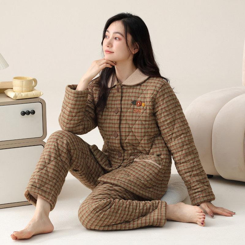 睡衣女士长袖加厚纯棉家居服秋冬季三层夹棉保暖格子中年妈妈套装,女士内衣/男士内衣/家居服,睡衣/家居服套装,淘宝优惠券,粉丝福利购,淘宝优惠卷