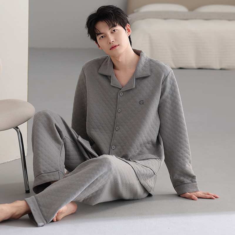 睡衣男士春秋款加厚纯棉夹层男款