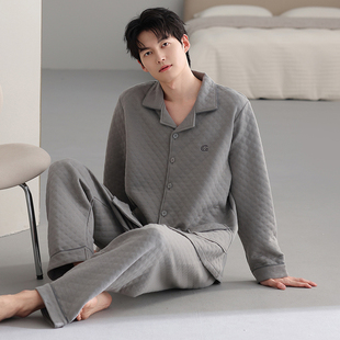 夹棉睡衣男空气棉夹层秋冬纯棉长袖套装青年宽松加大码家居服春秋