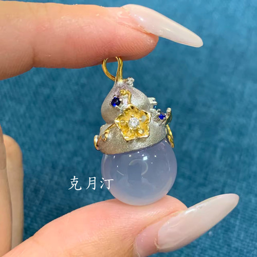 天然翡翠吊坠S925银土耳其蓝紫玉髓珠子14mm百搭精致小众设计款女