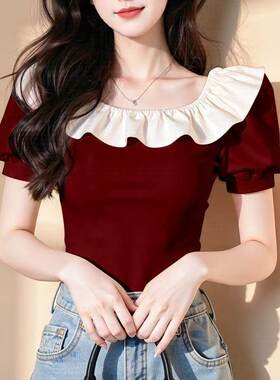 韩系撞色圆领短袖t恤女夏季荷叶边泡泡袖上衣时尚百搭设计感小衫