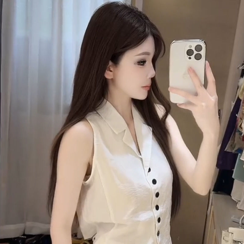 老钱风单排扣翻领无袖衬衫女夏季2025新款显瘦马甲短款小上衣