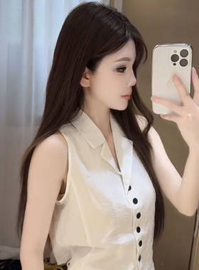 老钱风单排扣翻领无袖衬衫女夏季2025新款显瘦马甲短款小上衣