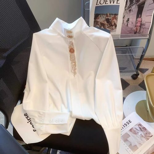 国风汉元素新中式小众设计感修身春季复古刺绣立领衬衫汉服上衣女