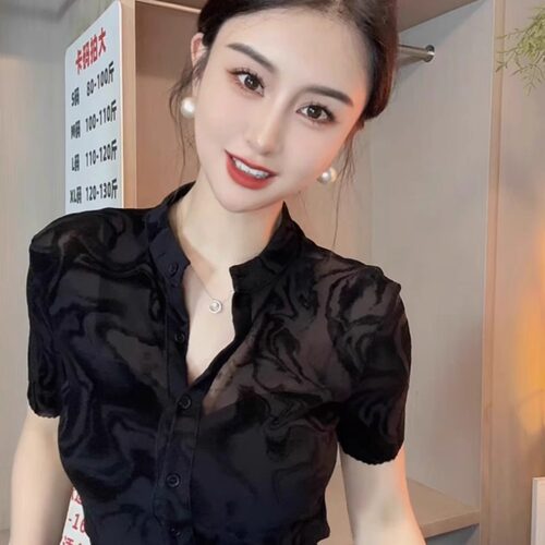 性感微透薄款短袖衬衫女装夏季立领新款洋气修身百搭小众别致上衣