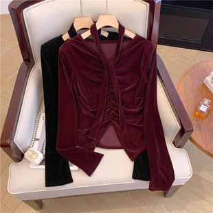 复古v领飘带褶皱打底衫女秋冬洋气长袖T恤独特别致内搭金丝绒上衣
