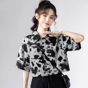 夏季新款港风复古花衬衫女宽松短袖雪纺衬衣学生高腰短款上衣常规