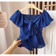 衬衫 复古修身 女2025新款 法式 漂亮小上衣超 夏季 蓝色波点蝴蝶结短袖