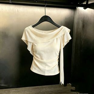 韩系露肩褶皱上衣女短袖t恤小众不撞款减龄大码内搭时髦雪纺衫潮