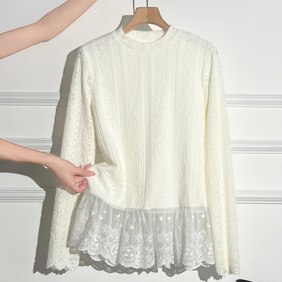 大码加绒加厚小众圆领设计感蕾丝花边长袖上衣女秋冬显瘦打底衫