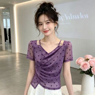 法式优雅紫色波点小衫女气质方领褶皱收腰设计感网纱短袖T恤上衣