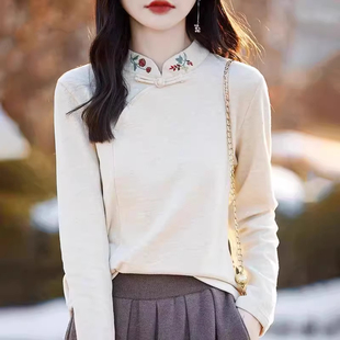 新中式加绒加厚衬衫打底毛衣女秋冬国风盘扣内搭修身配马面裙上衣