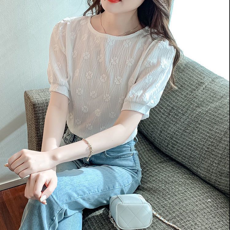 甜美花朵泡泡袖圆领宽松短袖2025夏新款衬衫女设计感小众别致上衣