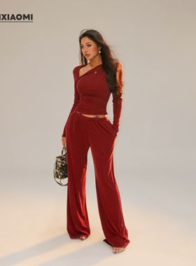 【蜜蜜家】欧美辣妹斜肩褶皱收腰上衣/低腰阔腿裤 25/Z652/K157