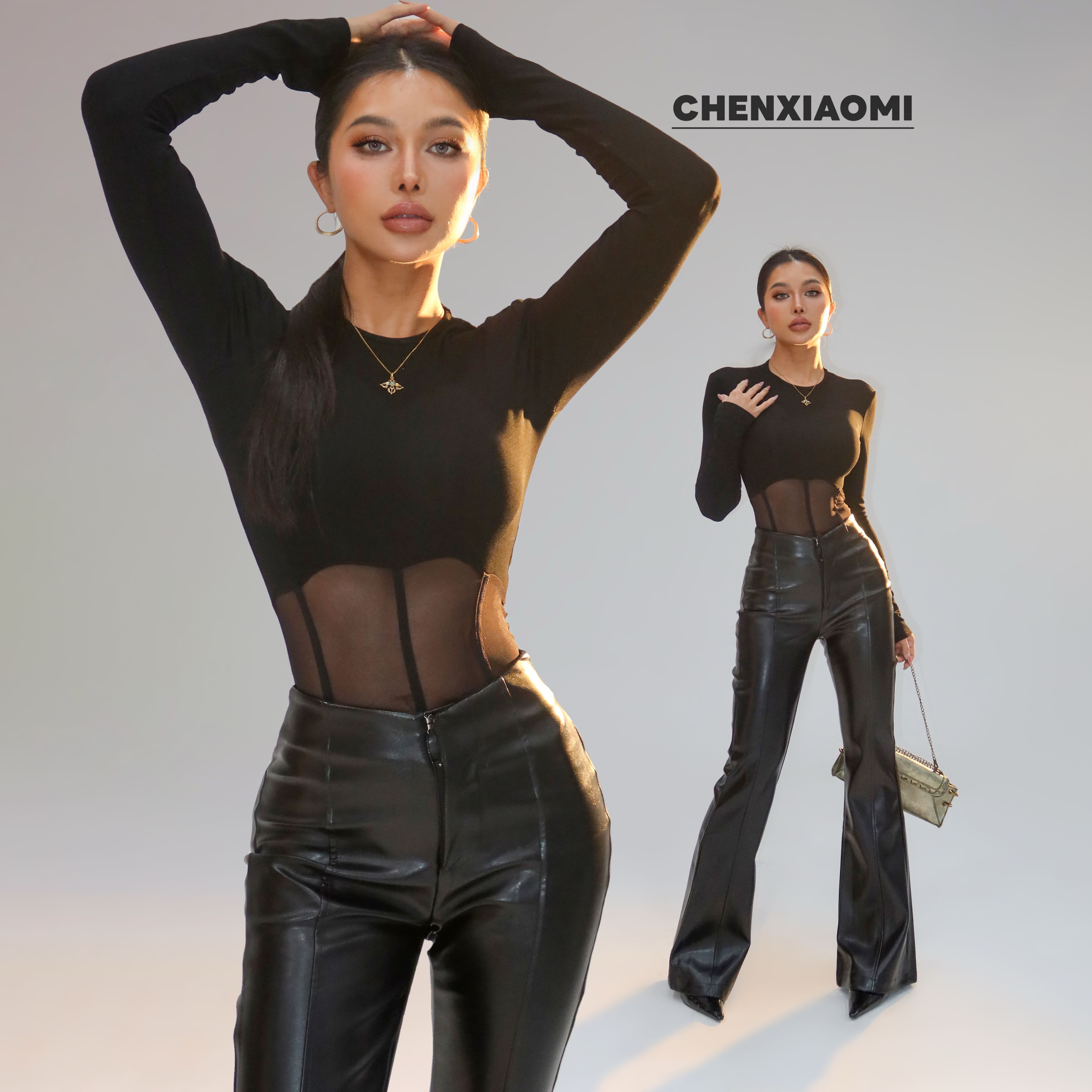 【蜜蜜家】港岛玫瑰 欧美辣妹修身圆领长袖拼接网纱连体衣25/Z683