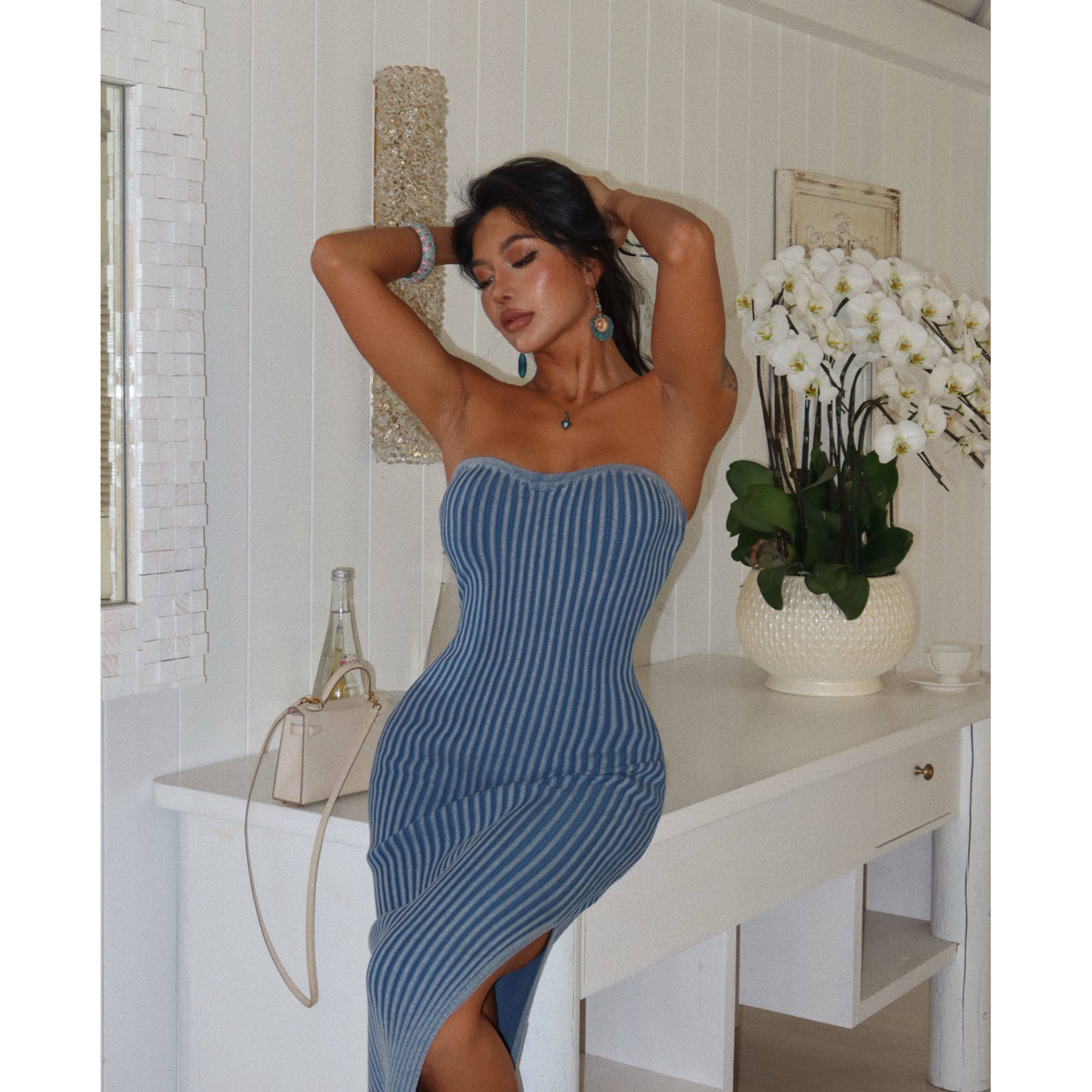 【蜜蜜家】辣妹水磨做旧紧身开衩包臀抹胸连衣裙长裙WD/23162pu