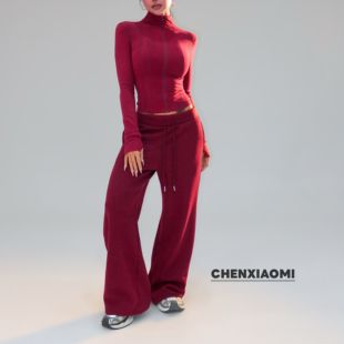 【蜜蜜家】树莓燕麦 欧美辣妹修身运动休闲加绒阔腿裤卫裤25/K170