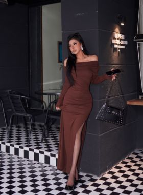 【蜜蜜家】欧美辣妹领口三穿加绒高衩闪闪抓毛连衣裙长裙 ZA058