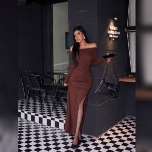 ZA058 欧美辣妹领口三穿加绒高衩闪闪抓毛连衣裙长裙 蜜蜜家