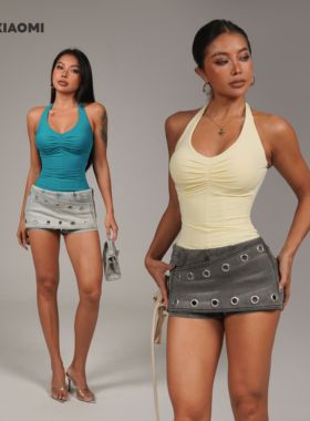 【蜜蜜家】满庭薄荷 欧美辣妹性感纯欲带可拆胸垫挂脖上衣25/Z606