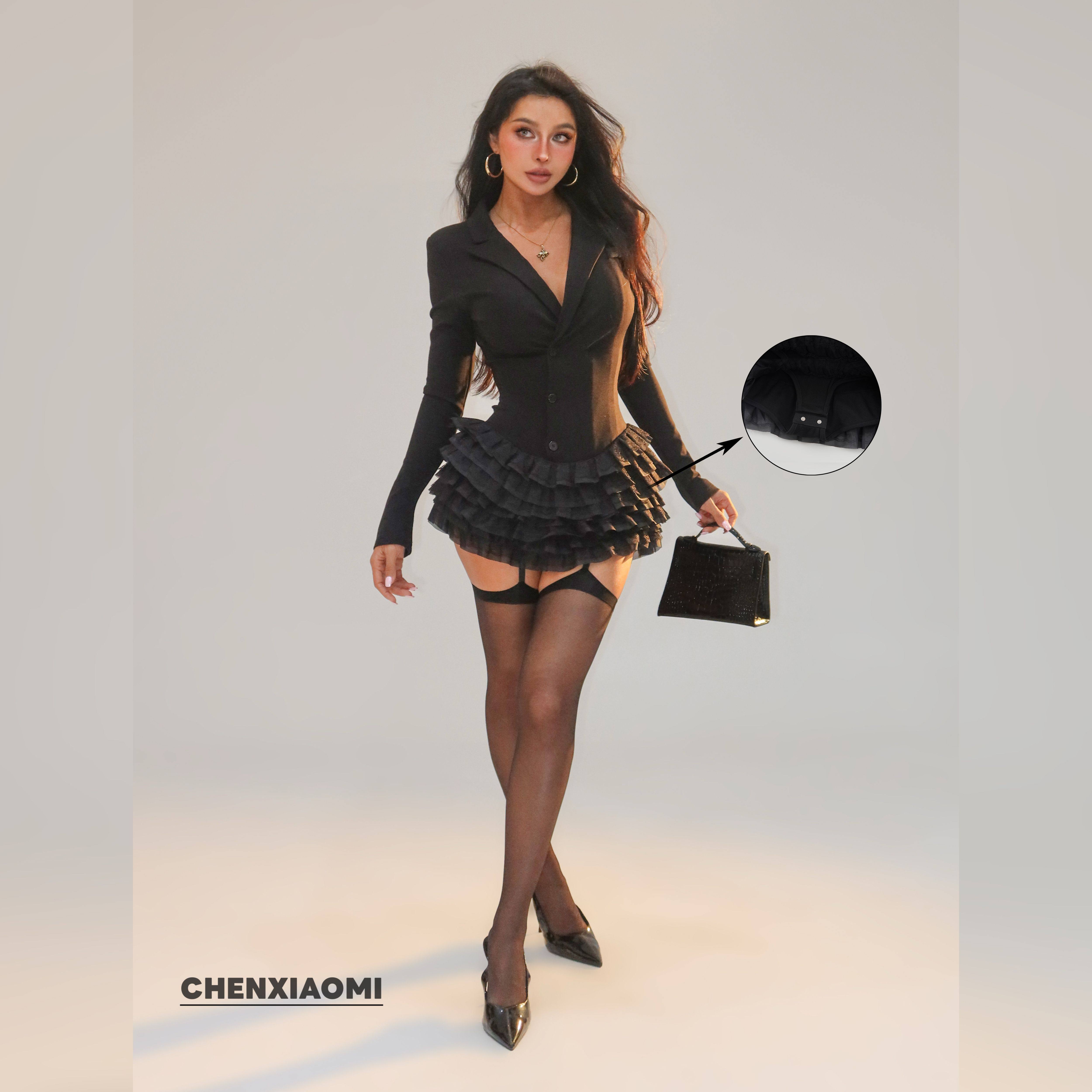 【蜜蜜家】欧美辣妹带固定肩垫深V花边一体式西装连体衣裙26/Y797