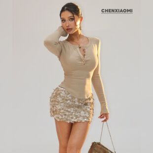 【蜜蜜家】欧美辣妹加绒慕斯罗纹棉亨特领长袖上衣 25/Z696