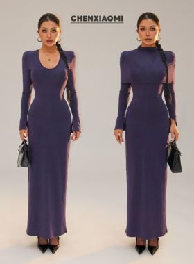 【蜜蜜家】抓毛U领长袖连衣裙长裙+半高领罩衫两件套25/Y814+Z705