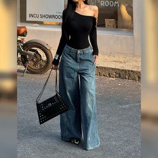 【蜜蜜家】复古弯刀阔腿牛仔裤不规则设计宽松拖地裤 WD-TY1068