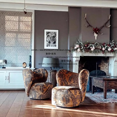 北欧中古风格虎山纹雪尼尔布艺单人沙发椅洽谈椅交椅阳台椅可旋转