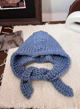 出韩国YB粗针织巴拉克拉法帽秋冬ins韩版系带护耳时髦保暖针织帽