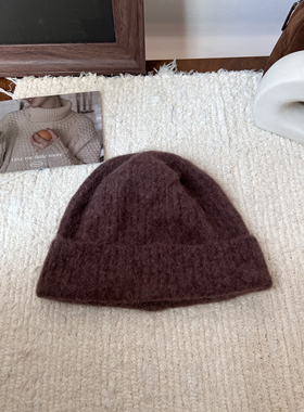出韩国安哥拉兔毛针织帽子女秋冬极简时髦复古卷边文艺气质冷帽潮