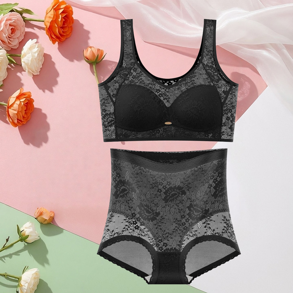 大码无钢圈套装内衣胖MM蕾丝宽肩带胸罩无扣背心式收副乳睡眠文胸