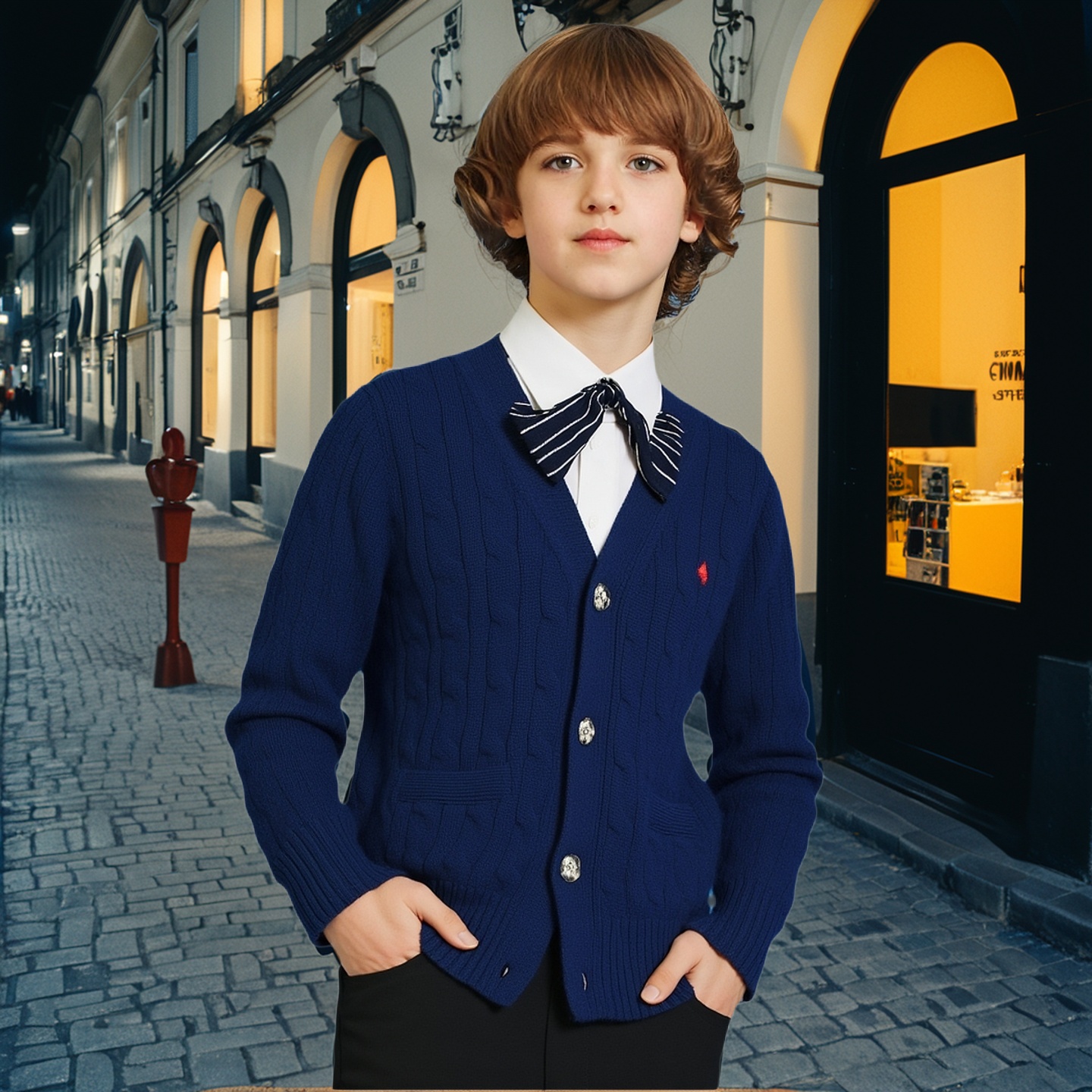 春秋童装麻花V领毛衣针织开衫红色休闲大童针织衫儿童学院风外套