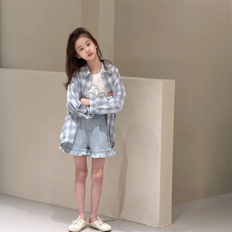 现货童装夏季新款女童洋气清新格子防晒衬衫中大童宽松休闲外套潮