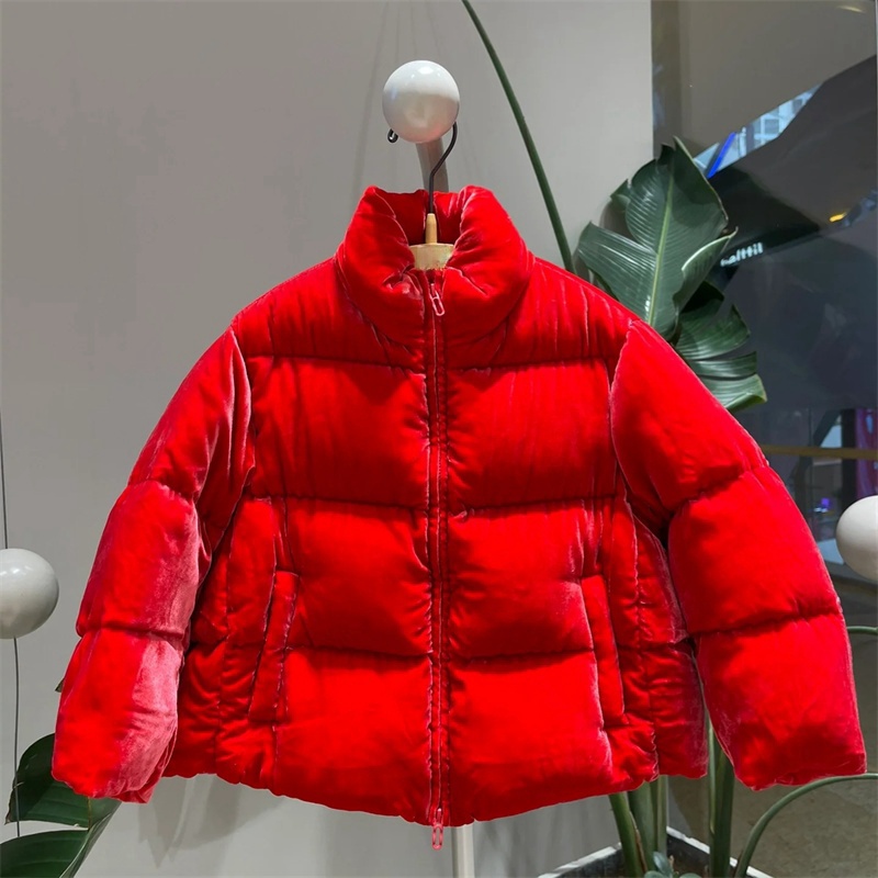 冬男女童立领宽松短款羽绒服红色