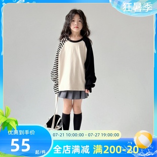韩系童装定制春秋季新款儿童不对称拼接条纹长袖上衣灰色百褶裙潮