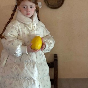 羽绒棉服外套 韩系童装 冬新款 女童甜美碎花加厚保暖翻领长款 A字版