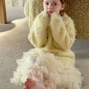 现货童装定制秋季新款女童氛围感黄茸茸毛衣气质层层纱长裙两件套