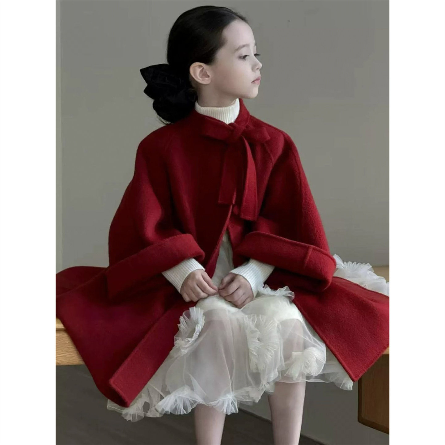 韩系童装春季新款女童设计款法式喇叭袖中长款红色呢子外套拜年服,童装/婴儿装/亲子装,呢大衣,淘宝优惠券,粉丝福利购,淘宝优惠卷