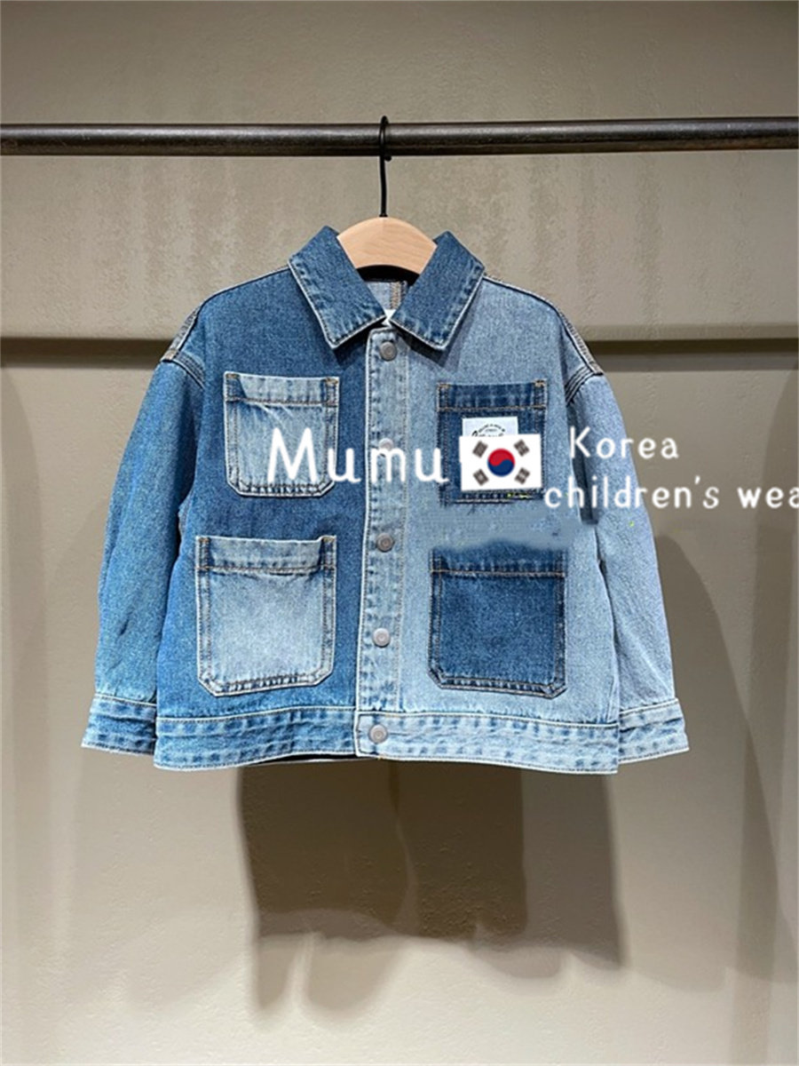 现货韩版定制潮范童装春秋款个性撞色宽松外套男女童牛仔帅气上衣